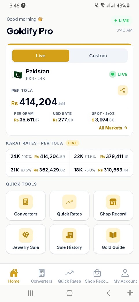 Goldify home screen showing the live gold rate per tola and per gram