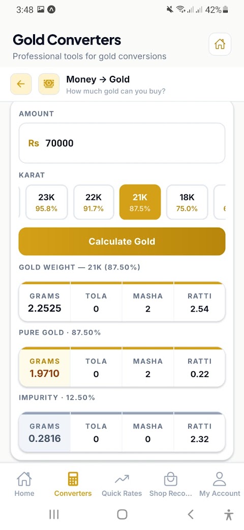 Goldify money-to-gold calculator converting an amount into gold weight