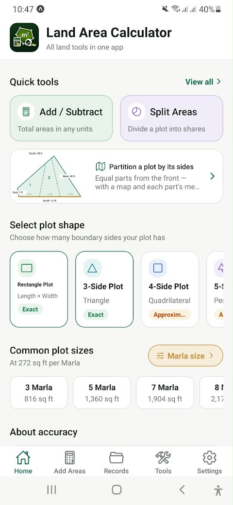 Land Calc plot area calculator with side lengths entered